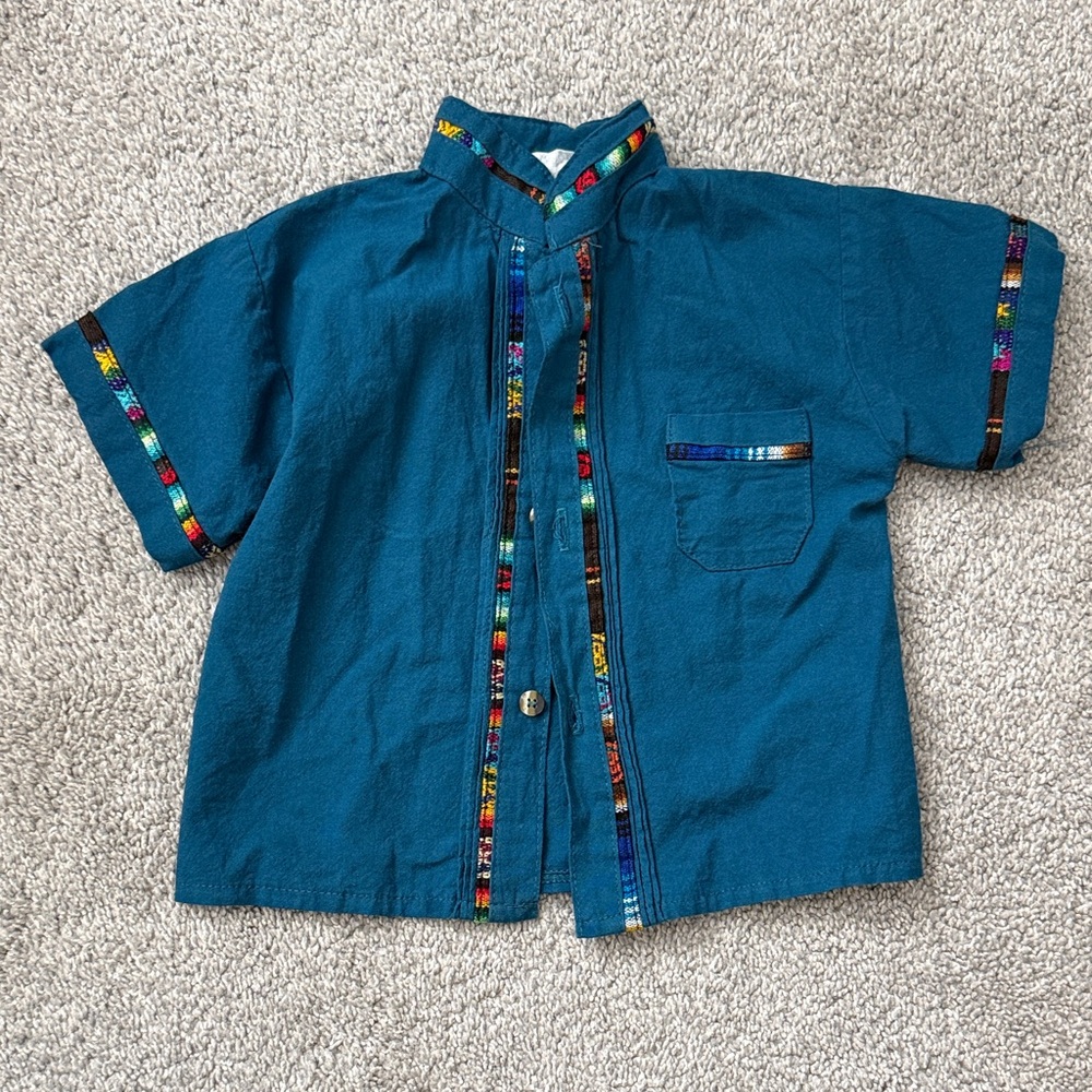 Kids Teal Short-Sleeve Button Shirt with Colorful Trim